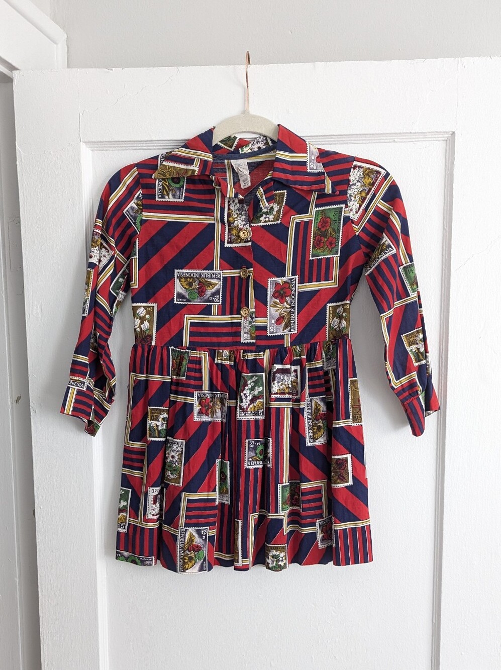 Vintage Girls Striped Stamp Print Dress